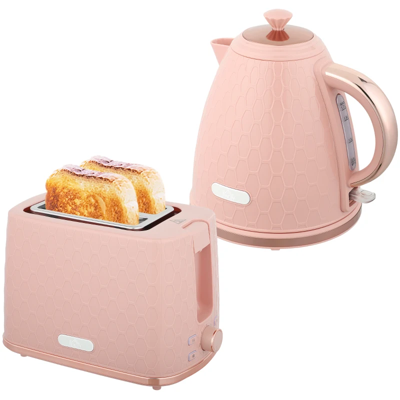HOMCOM Waterkoker- en Toaster-Set, 1,7L 2200W Snelkook-Waterkoker met Automatische Uitschakeling en 2-Sneetjes Toaster met Kruimellade, Roze