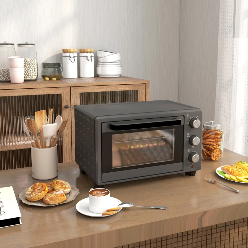 HOMCOM Minibakoven, 21 L Toasteroven met 1 draadrek en 1 bakplaat, 3 kookstanden, 100 °C-230 °C, roestvrij staal, glas, grijs(m-2)