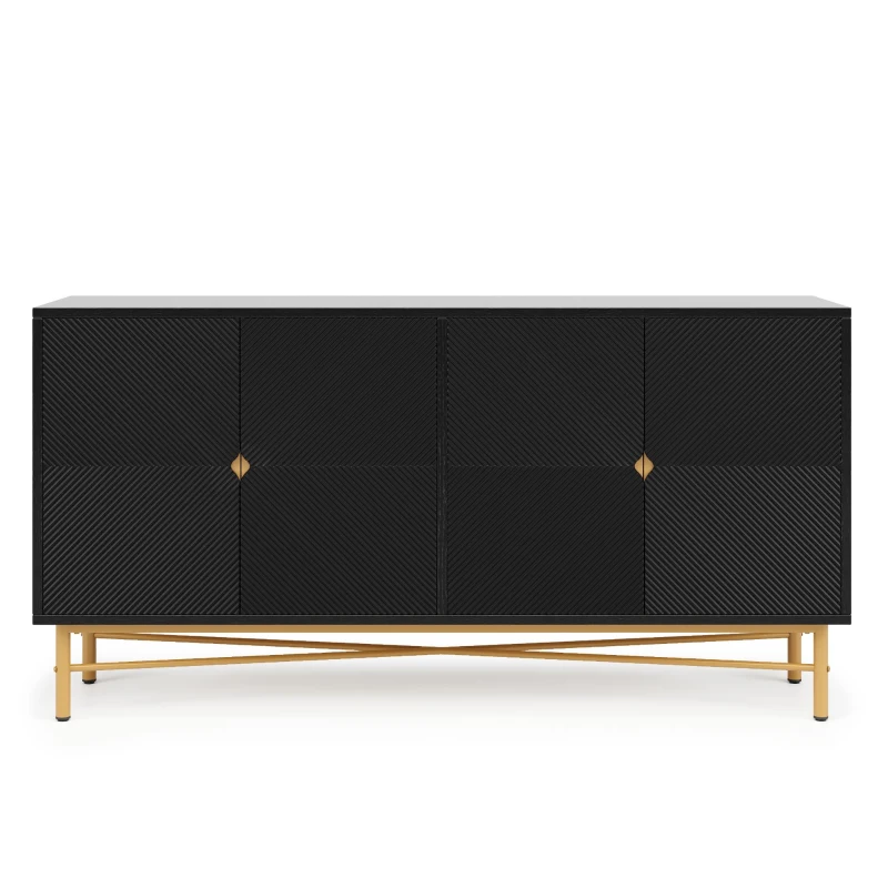 Credenza buffet a 4 ante per soggiorno e cucina con pannelli scanalati, 160x40x82 cm, Nero
