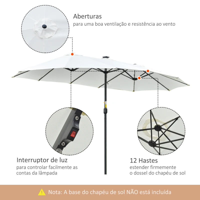 Outsunny Chapéu de Sol Duplo com 48 Luzes LED 4,5x2,65 m Manivela Proteção Solar para Terraço Jardim Piscina Creme
