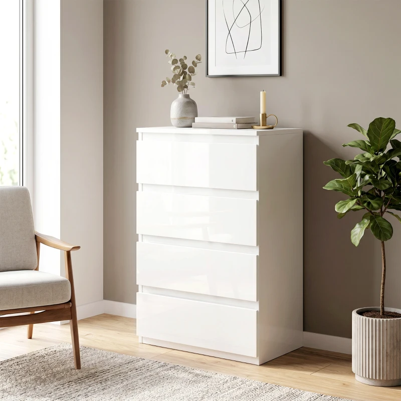 HOMCOM Cassettiera 4 cassetti Salvaspazio in Legno, 40x35x74 cm, Bianco Lucido