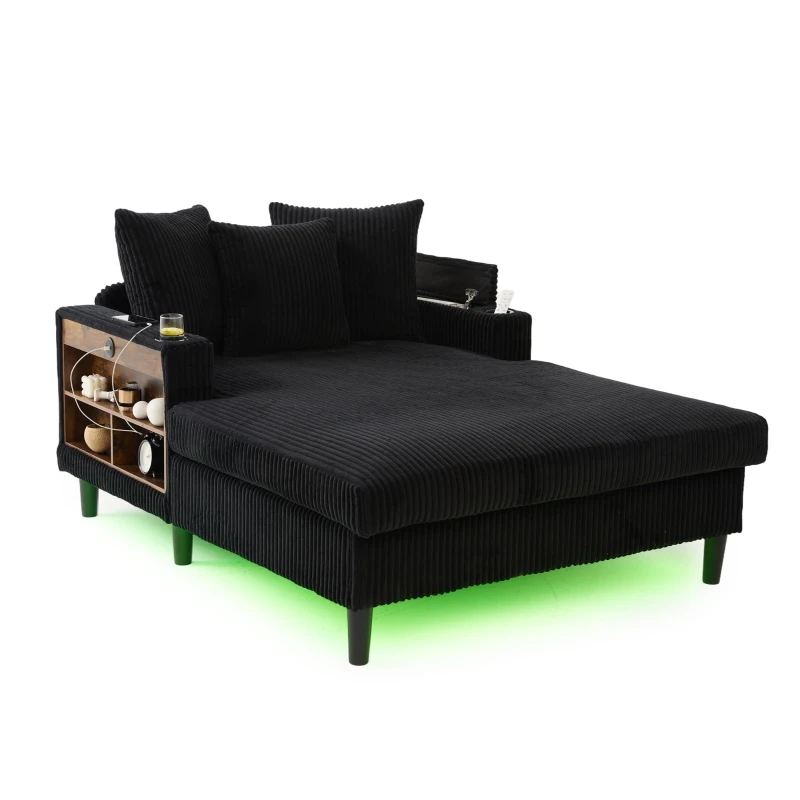 Chaise-longue multifuncional em veludo cotelê, porta-copos em ambos os lados e apoio de braço rebatível, 129x170x70 cm, Preto