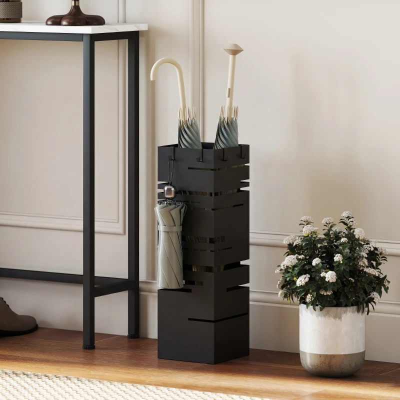 HOMCOM Portaombrelli Quadrato in Metallo con Vassoio Antigoccia Rimovibile e 4 Ganci, 15.5x15.5x49 cm, Nero