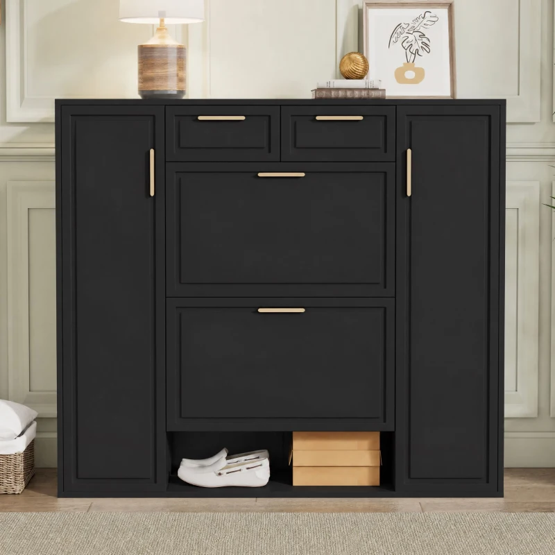 Scarpiera moderna con ripiani regolabili, 2 cassetti e maniglie dorate, 120x24x107 cm, Nero