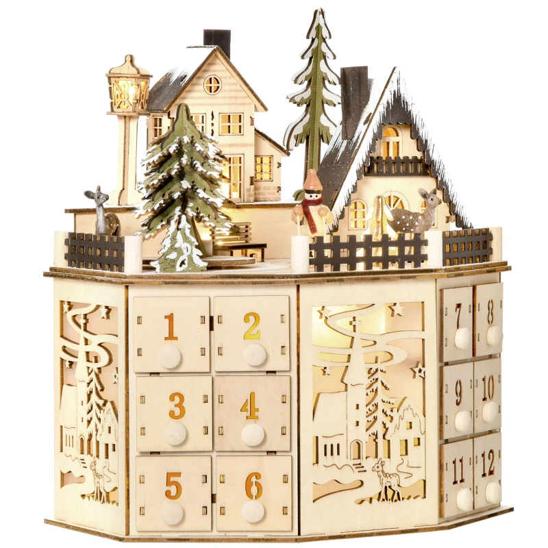 HOMCOM kerst adventskalender met 24 lades kerstkalender met LED verlichting adventskalender box MDF plaat naturel hout 25 x 20 x 29 cm