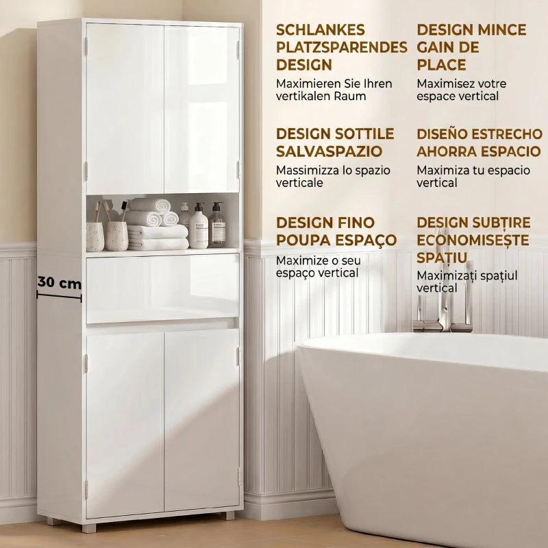HOMCOM Mobile Bagno Alto Slim con Cassetti e Ripiani, 60x30x170 cm, Bianco Lucido