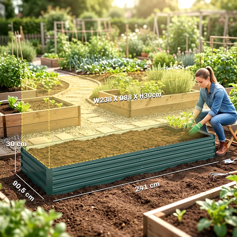 Outsunny Carré Potager en Métal Modulable - Potager Surélevé 241x90,5x30cm en Acier Galvanisé - Jardinière Extérieur Anti-Rouille pour Légumes et Fleurs, Vert Foncé