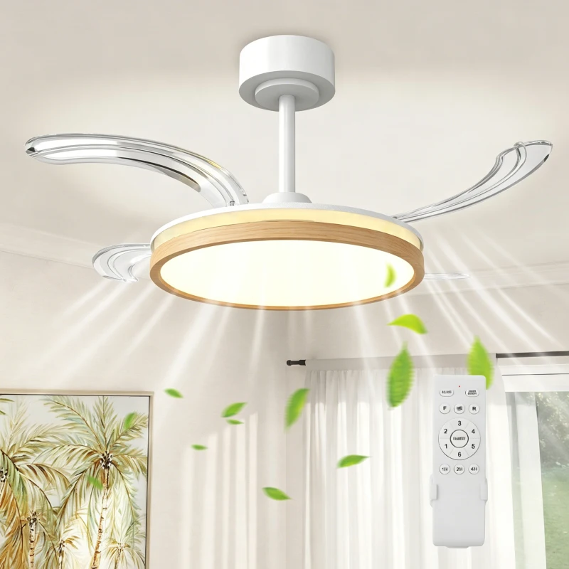 HOMCOM Ventilateur de plafond avec lumière et télécommande, plafonnier ventilateur 95 cm avec pales rétractables, bois naturel