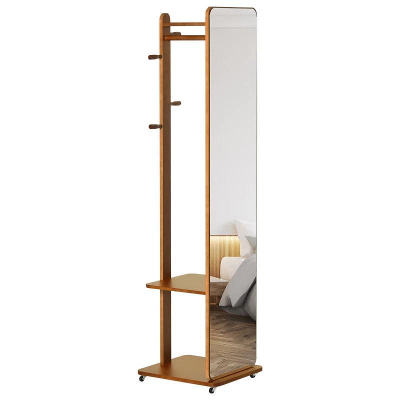 HOMCOM Oglindă de Podea cu Suport pentru Haine, Rafturi și Roți, MDF și Lemn de Pin, 40 x 44,5 x 170 cm, Nuanță de Nuc