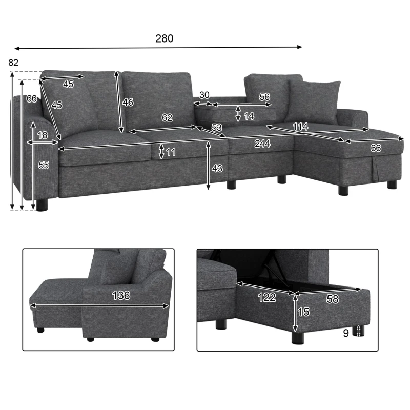 Divano angolare moderno in ciniglia con cuscini, schienale reclinabile e portabicchieri, 280x136x82 cm, Grigio