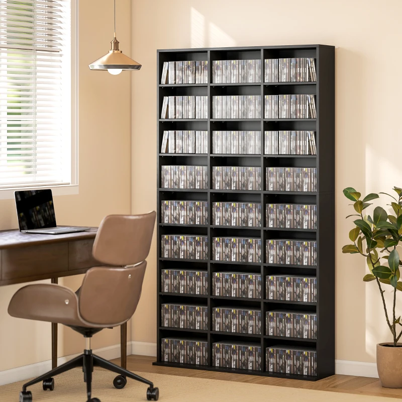 HOMCOM Mobile Porta CD a 9 Ripiani con 21 Ripiani, Scaffale Porta 835 CD/500 DVD/640 Blu-ray Salvaspazio, 100x24x175 cm, Nero