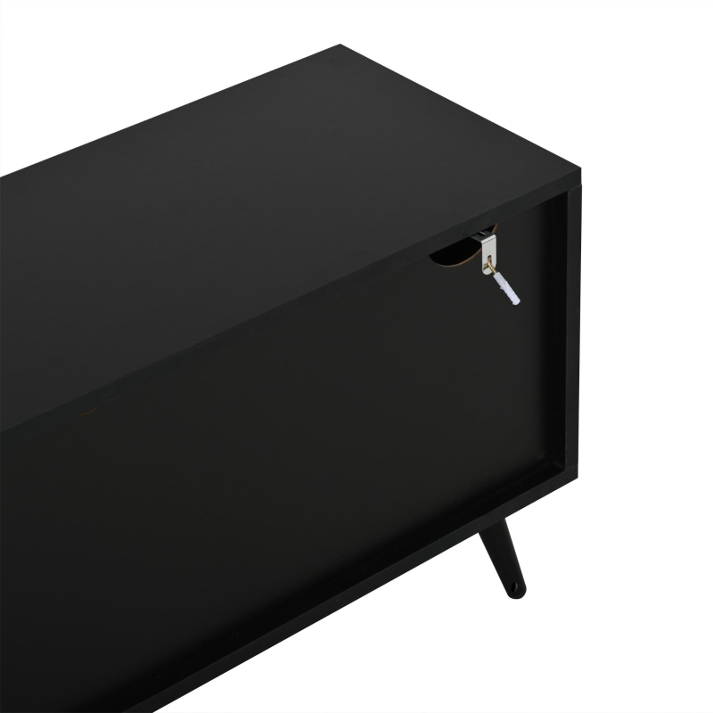 Meuble TV bas LED, convient pour 75 pouces, grand espace de rangement, 175x31x43,5 cm, Couleur naturelle+Noir
