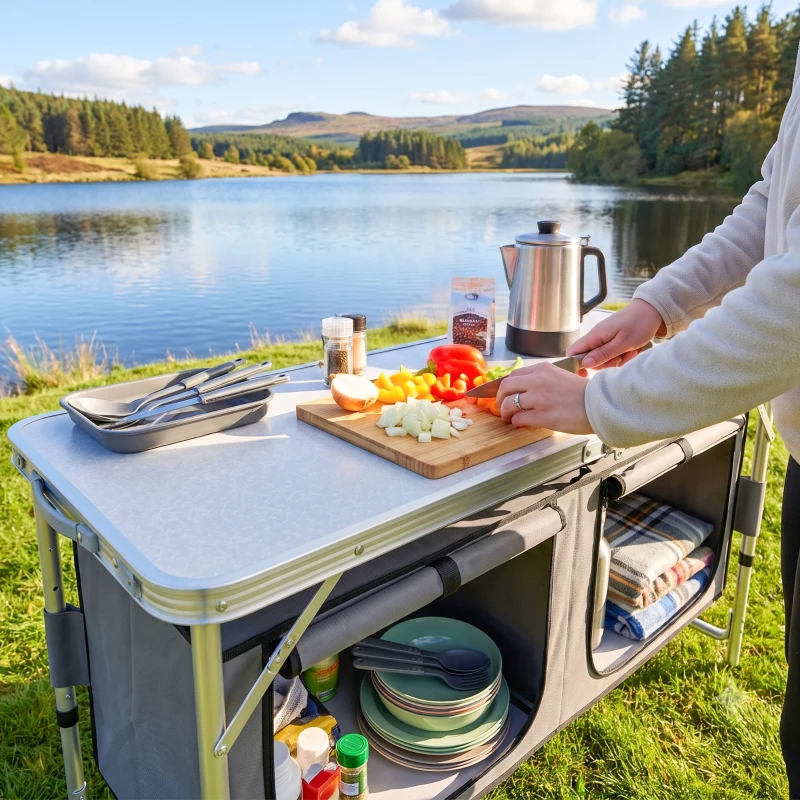 Outsunny Tavolino da Campeggio Picnic con Base per Cibi e Bevande Altezza Regolabile Pieghevole Alluminio, Legno 120x47x55/62/68cm