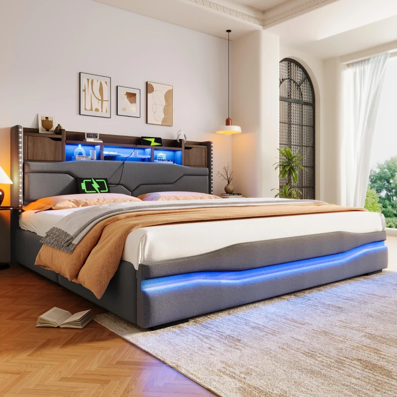 Cama estofada 180×200 cm, cama com arrumação hidráulica, sem colchão, 219x186,5x110 cm, Cinzento