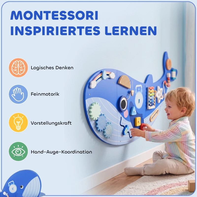 AIYAPLAY Montessori Motoriekbord 13-in-1 van Hout in Walvorm - Busy Board met Xylofoon, Klok en Tandwielen