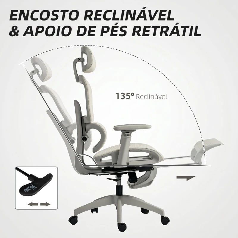 HOMCOM Cadeira de Escritório Ergonómica de Rede com Apoios de Braços 3D Reclinável até 135° Encosto de Cabeça Ajustável Bege