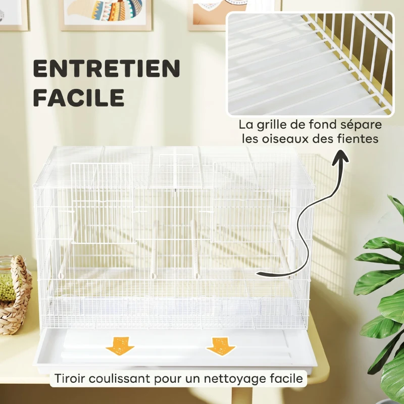 PawHut Cage à Oiseaux Volière Intérieur Acier avec Séparateur, 4 Perchoirs, Plateau Coulissant, 4 Mangeoires, 76x46x46cm, Blanc