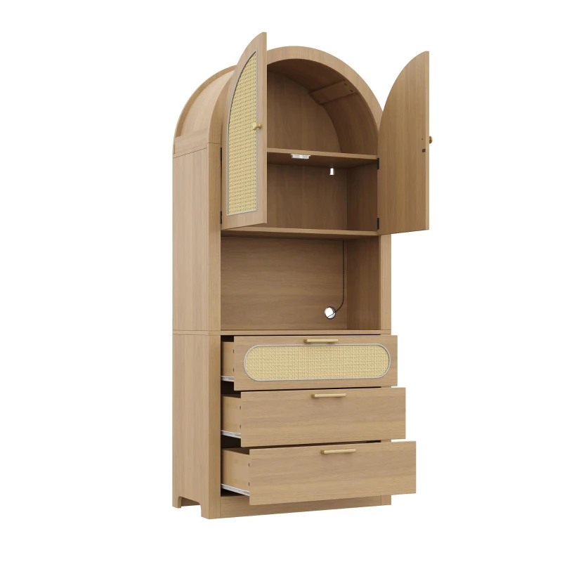 Mobile contenitore ad arco stile scandinavo con ante in rattan e sistema antiribaltamento, 80x35x180 cm, color legno