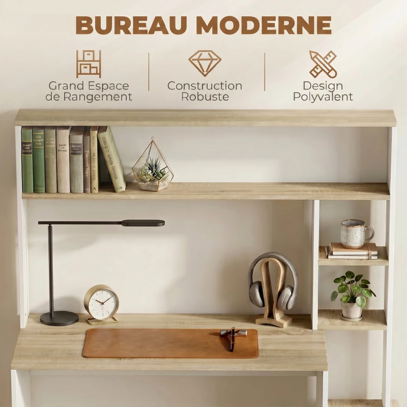 HOMCOM Bureau Informatique, 114 x 45 x 138 cm, Bureau avec Rangement, Étagères Ouvertes et Support UC, Blanc et Bois Naturel