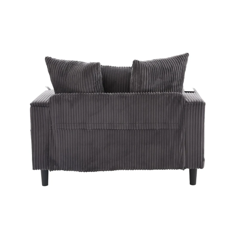 Chaise-longue multifuncional em veludo cotelê, porta-copos em ambos os lados e apoio de braço rebatível, 129x170x70 cm, Cinzento escuro