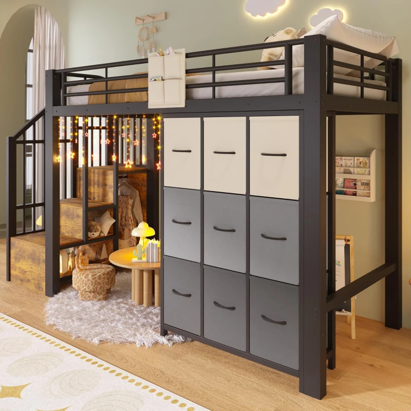 Cama alta para colchão 90×200 cm, escada com arrumação, sem colchão, 251,5x95x140 cm, Preto