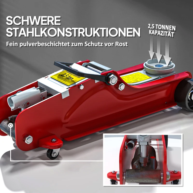 HOMCOM Wagenheber, 8-38 cm Höhe, 2,5 Tonnen Tragfähigkeit, Stahl, rollbar, Rot