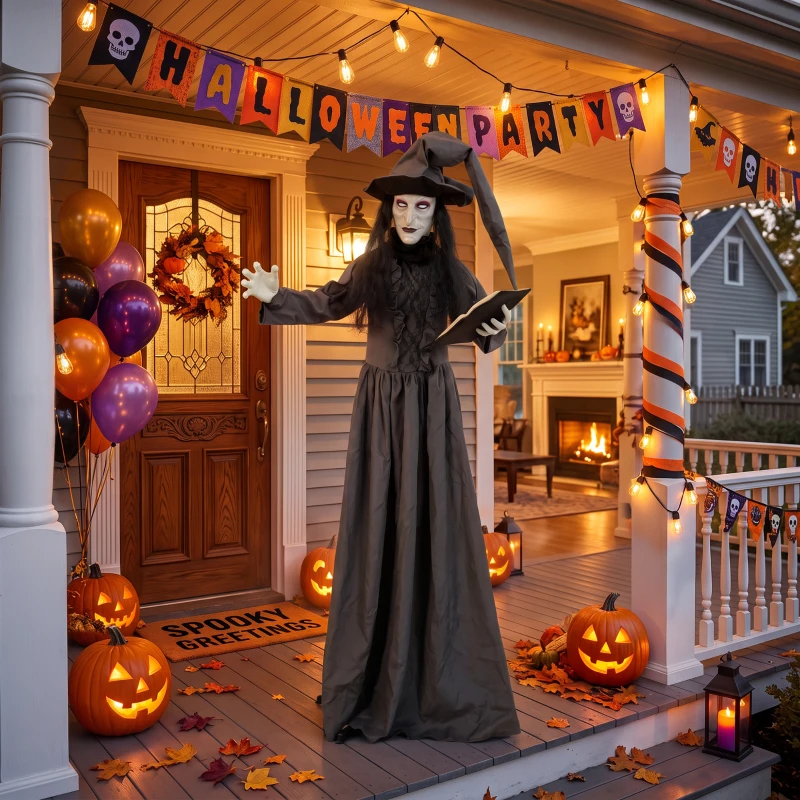 HOMCOM 180 cm Halloween Animierte Hexe Dekoration Lebensgroß mit leuchtenden Augen, Gruseliger Sound, Berührungsaktivierung