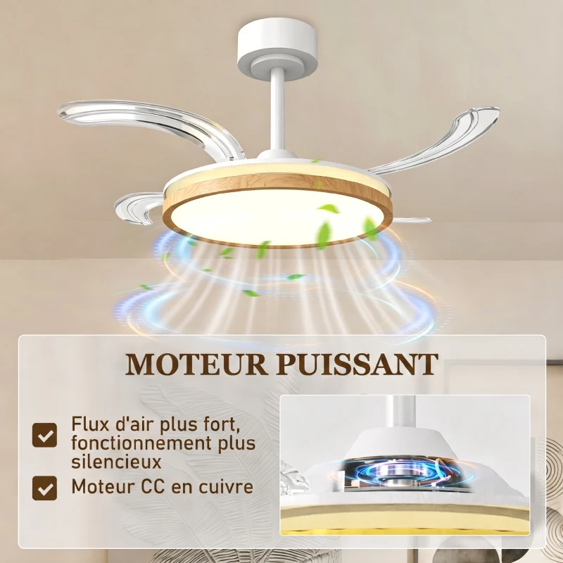 HOMCOM Ventilateur de plafond avec lumière et télécommande, plafonnier ventilateur 95 cm avec pales rétractables, bois naturel