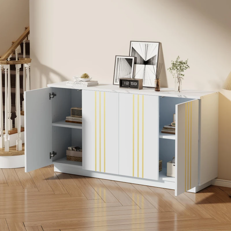 Aparador para sala de estar com 4 portas, elegantes frisos dourados, independente, 35x140x70 cm, Branco