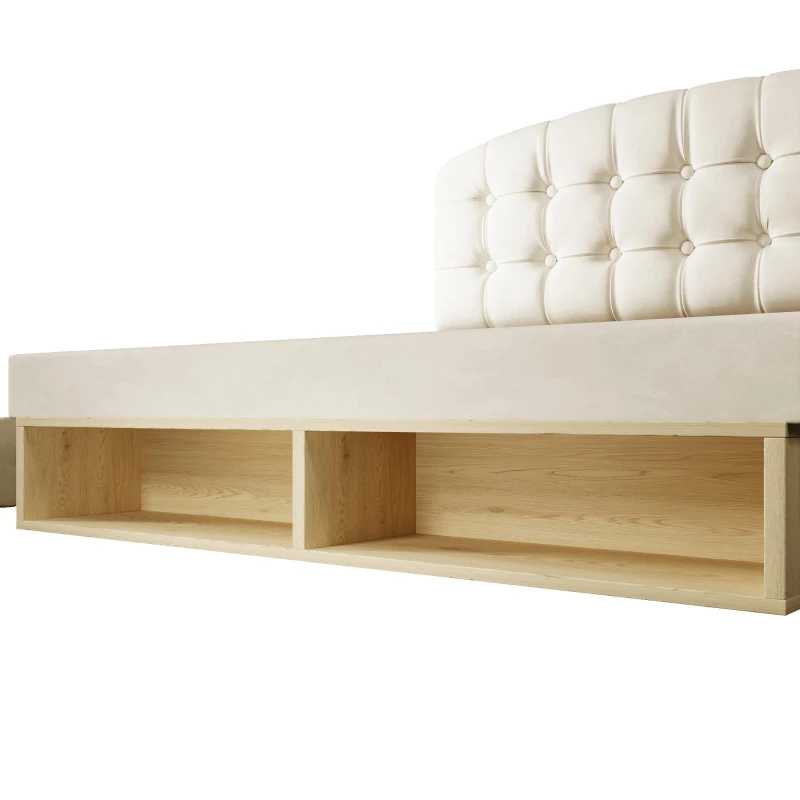 Cama estofada cama de casal 140x190 cm, ajustável em 3 alturas, cabeceira curva, sem colchão, 197x151x120 cm, Bege