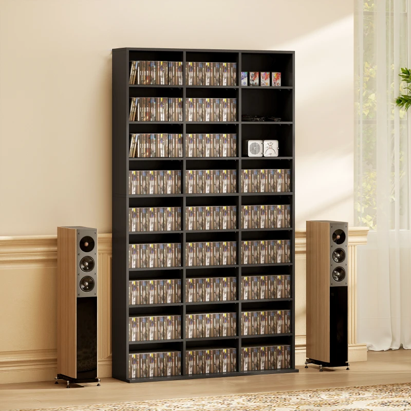 HOMCOM Mobile Porta CD a 9 Ripiani con 21 Ripiani, Scaffale Porta 835 CD/500 DVD/640 Blu-ray Salvaspazio, 100x24x175 cm, Nero