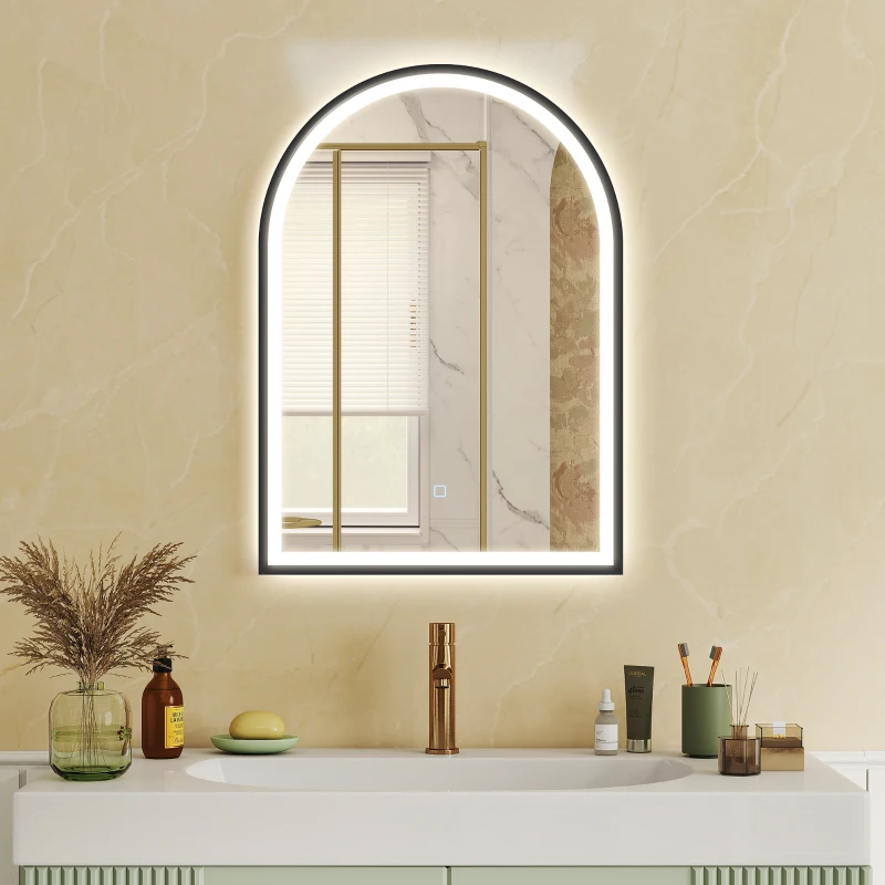 HOMCOM Miroir salle de bain avec éclairage 50 x 70 cm, miroir LED arqué, anti-buée, 3 couleurs lumière, dimmable, mémoire, noir