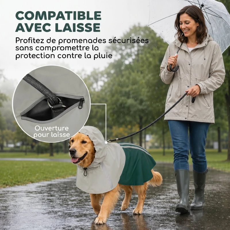 PawHut Imperméable pour Chien avec Capuche, Bandes Réfléchissantes, Ouverture pour Laisse, 110x72x0,5cm, Vert