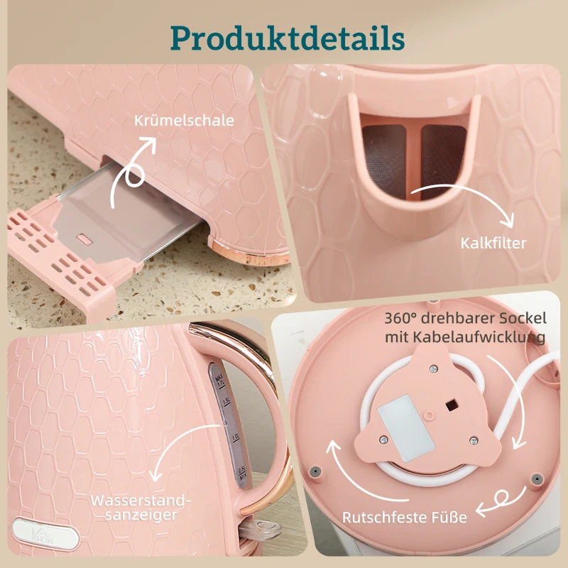 HOMCOM Waterkoker- en Toaster-Set, 1,7L 2200W Snelkook-Waterkoker met Automatische Uitschakeling en 2-Sneetjes Toaster met Kruimellade, Roze
