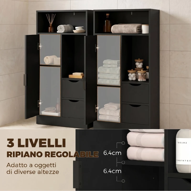 HOMCOM Mobile Bagno Slim con Cassetti, Ripiani Aperti e Armadietto, 50x25x100 cm, Nero