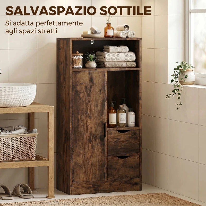 HOMCOM Mobile Bagno Slim con Cassetti e Scomparti Aperti, 50x25x100 cm, Marrone Rustico