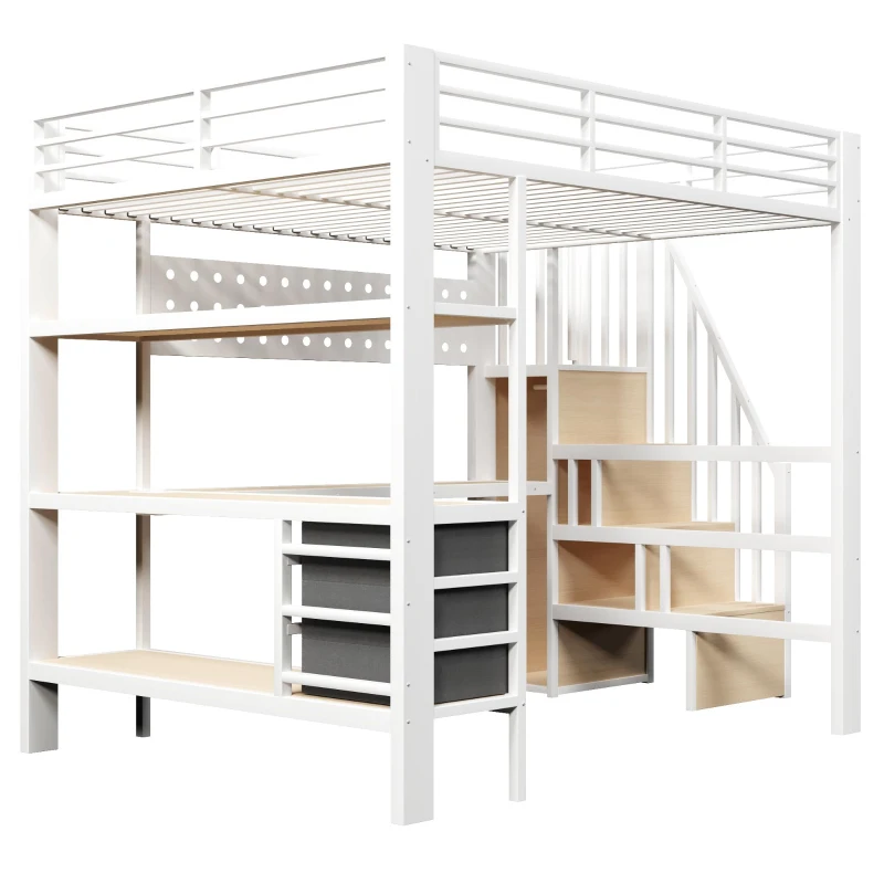 Cama alta 140 x 200 cm, prateleira integrada e 3 gavetas, sem colchão, 251x146x170 cm, Branco