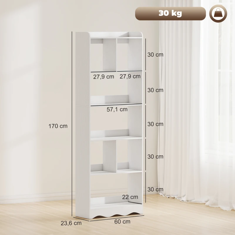 HOMCOM Libreria Moderna a 6 Ripiani con Divisori, 60x26.3x170 cm, Bianco