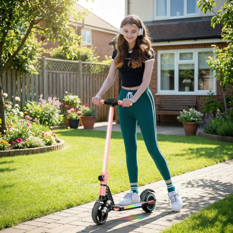SPORTNOW Folding Electric Scooter for Kids, with Dual Brakes, Front Suspension, LED Colourful Lights, Pink