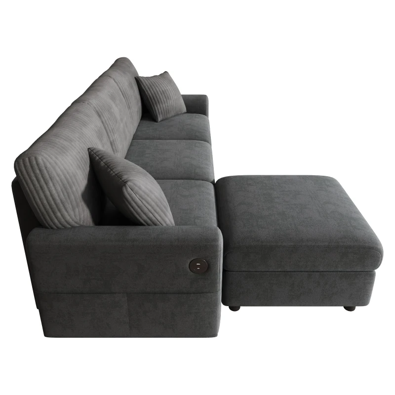 Sofá moderno com pufe, função de carregamento com duas portas, incl. 2 almofadas quadradas, almofadas de assento removíveis, 223x146x84 cm, Preto
