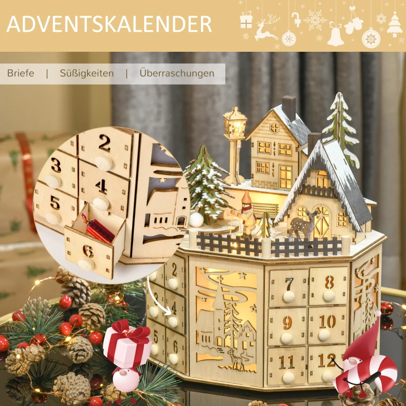 HOMCOM kerst adventskalender met 24 lades kerstkalender met LED verlichting adventskalender box MDF plaat naturel hout 25 x 20 x 29 cm
