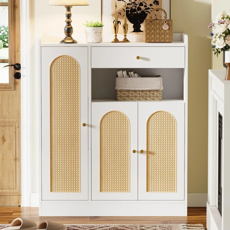 Sapateira em rattan, amplo espaço de arrumação, prateleiras ajustáveis, 90x35x110 cm, Cor natural