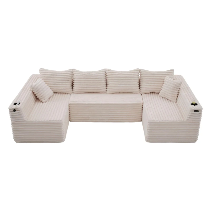 Divano a U in velluto a coste con portabicchieri integrato e tasca laterale, imbottitura a molle, 320x155x88 cm, Beige