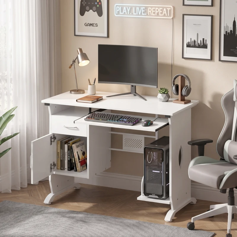 HOMCOM Escritorio para ordenador, 100 x 52 x 75 cm, bandeja deslizante para teclado, cajones y soporte para unidad central, blanco