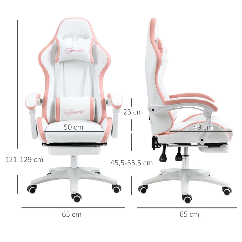 Vinsetto Silla Gaming con Altura Regulable y Respaldo Reclinable, 65x65x121-129 cm, Blanco y Rosa