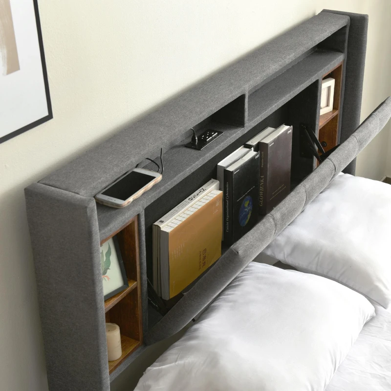 Cama doble tapizada con cabecero con almacenaje, somier de lamas de madera maciza y metal, para colchón 160X200 cm, sin colchón, 223x169x107 cm, Gris