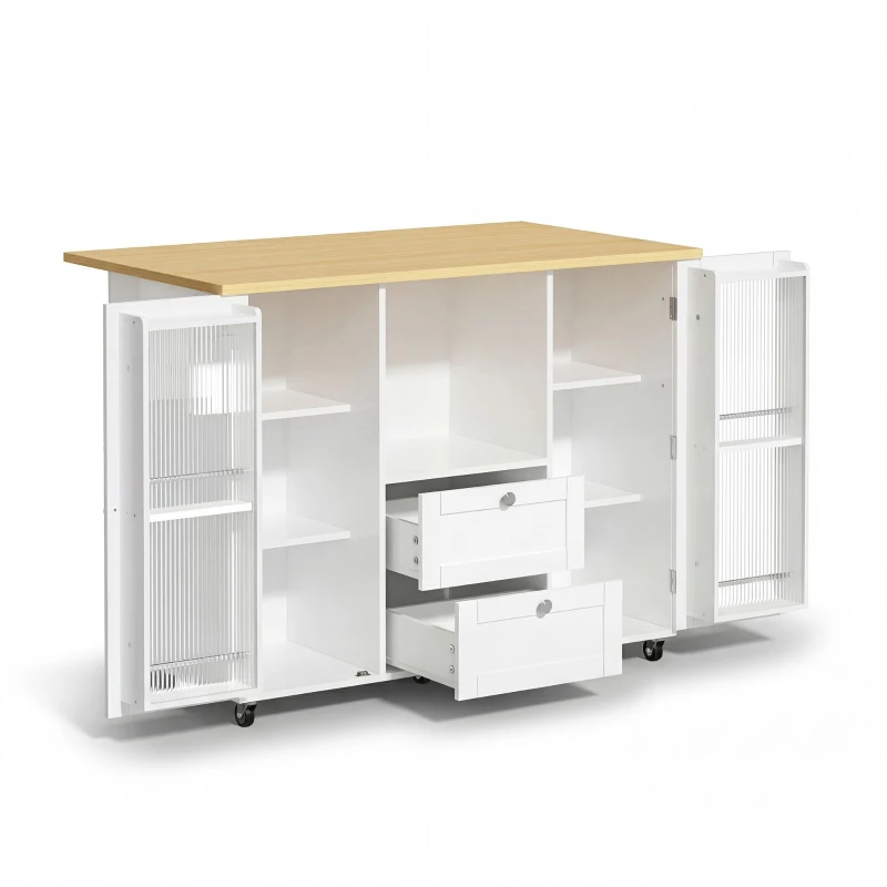 Isla de cocina sobre ruedas con encimera abatible, protección antivuelco y ruedas con bloqueo 360°, 120x70x92 cm, Blanco