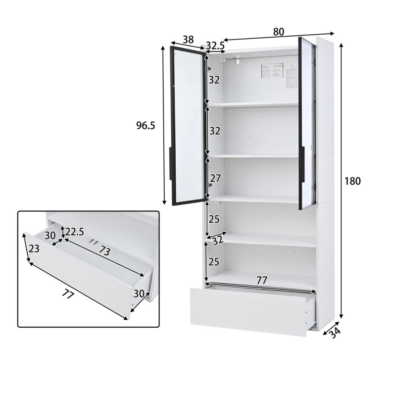 Vitrine alta, iluminação LED controlada por app, 6 prateleiras, 80x34x180 cm, Branco