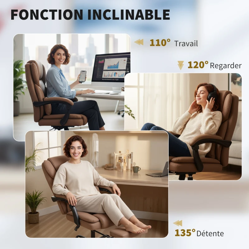 HOMCOM Chaise bureau ergonomique, fauteuil de bureau avec dossier inclinable, hauteur réglable, 65x67x111-119cm, marron