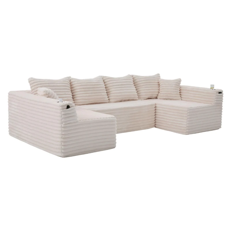 Divano a U in velluto a coste con portabicchieri integrato e tasca laterale, imbottitura a molle, 320x155x88 cm, Beige